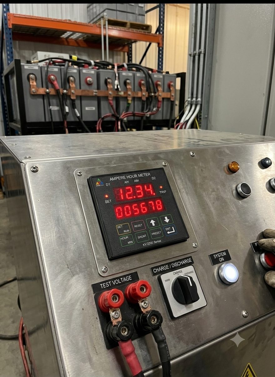 KV 2200 Ampere Hour Meter on a battery test / charge-discharge rig