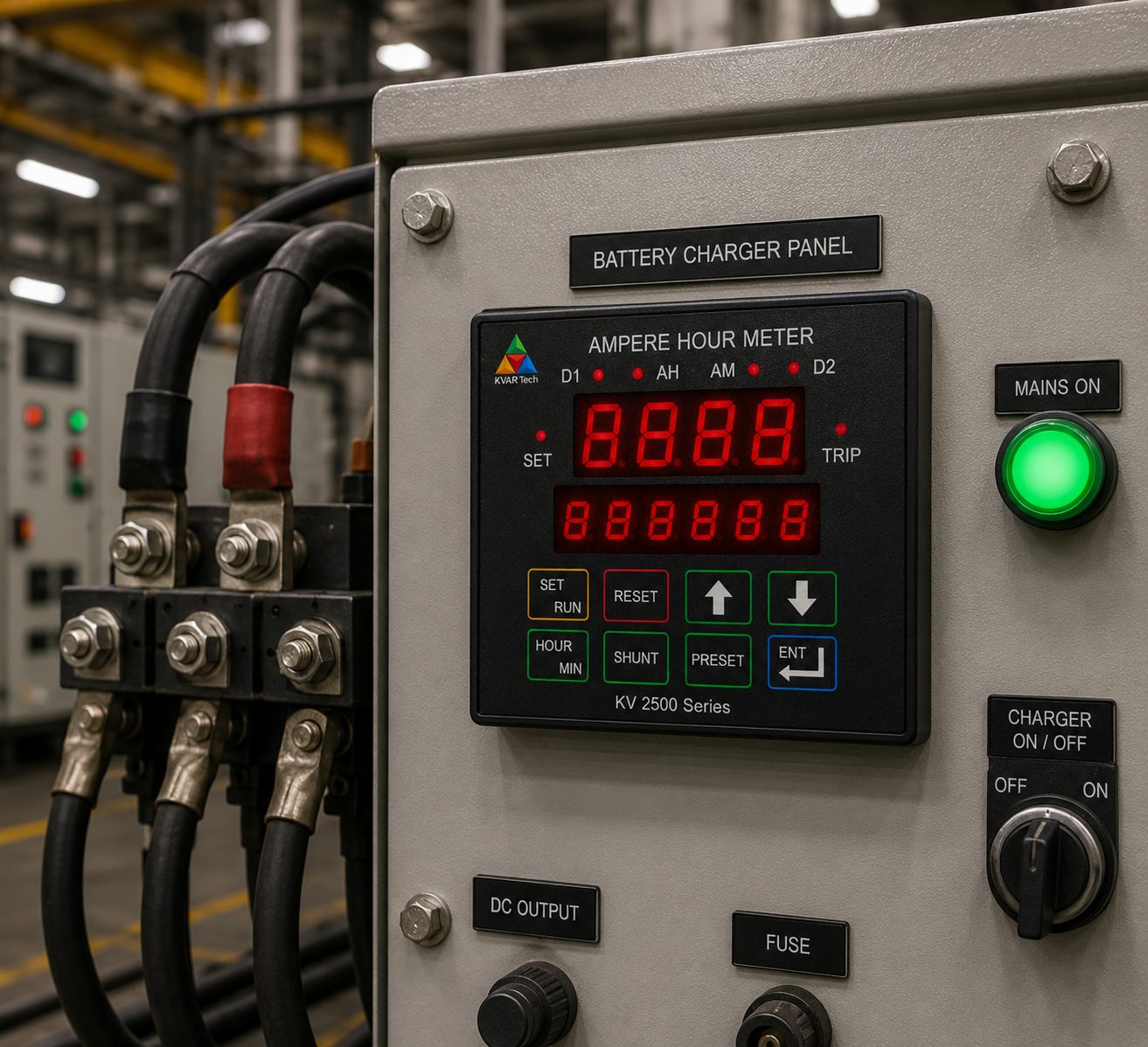 KVAR KV 2500 Ampere Hour Meter on a battery charger panel