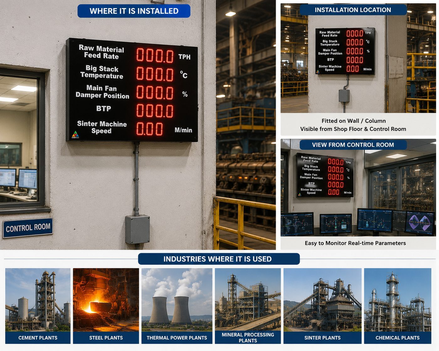Process-parameter display board installed in a plant