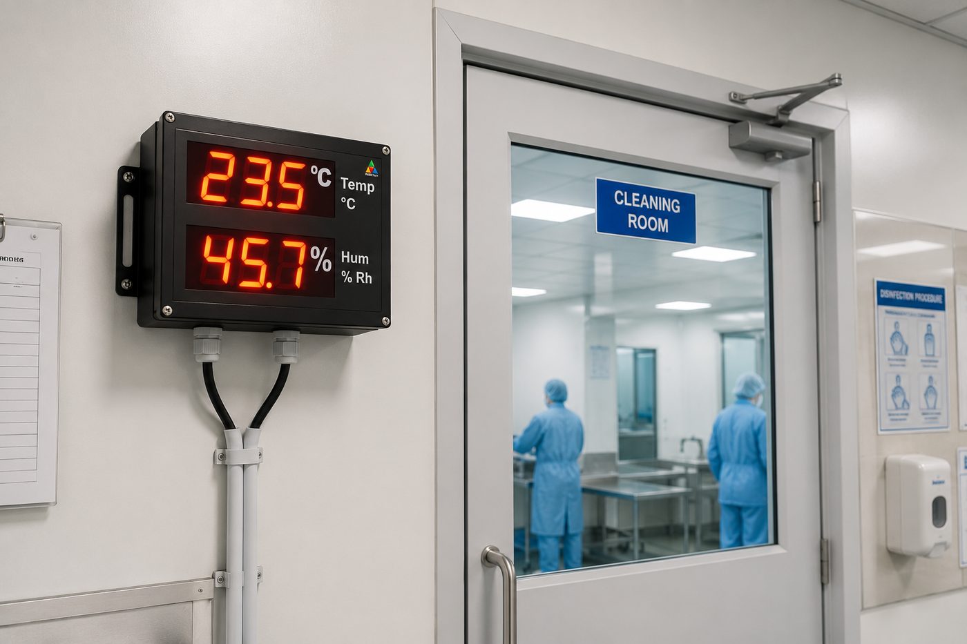 Temperature and humidity display outside a pharma cleaning room