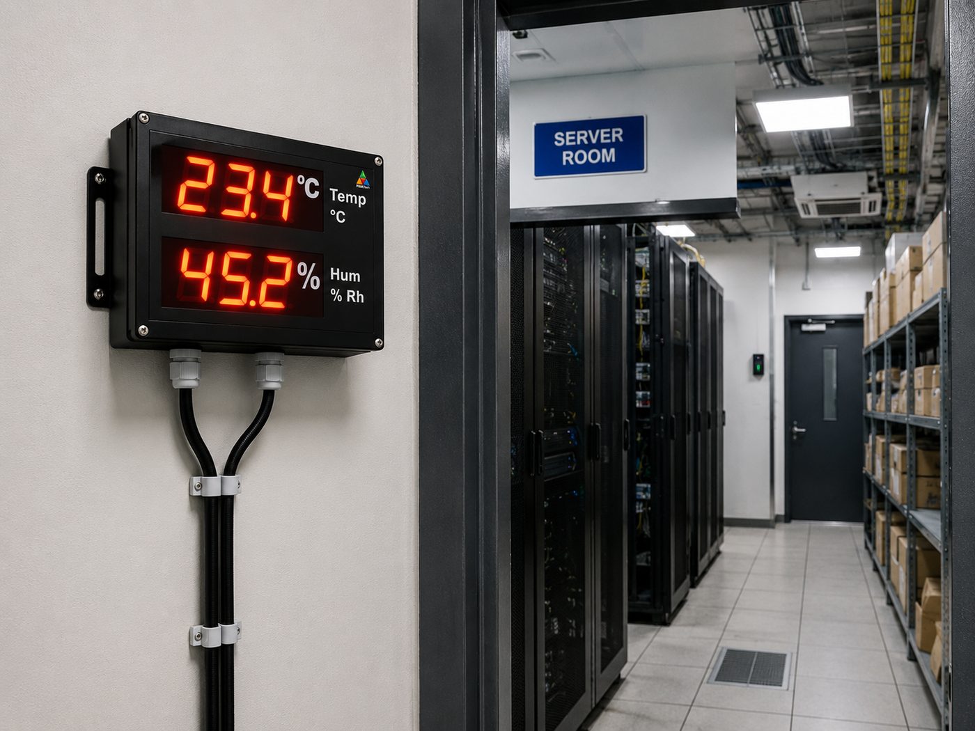Temperature and humidity display outside a server room