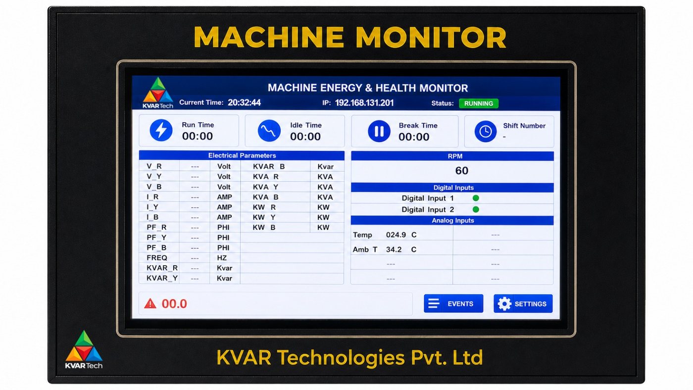 KVAR Machine Monitor mounted on industrial control panel near pump